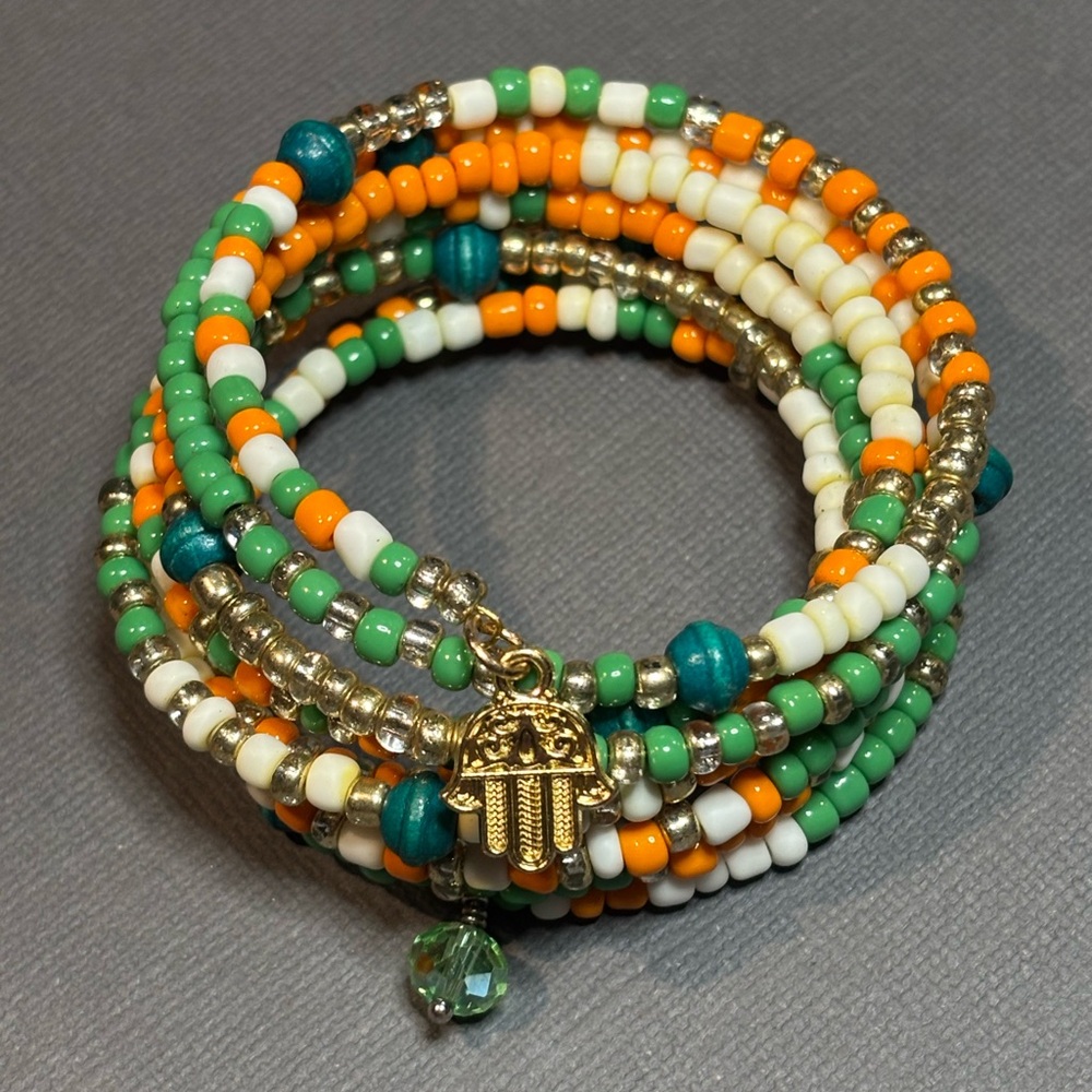 🌴Green, Orange and White Memory Wire Bracelet with Hamsa Hand Charm🌴
